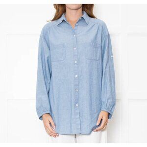 VINCE Sz Small Blue Denim Button Up Shirt Long Sleeve Pocket Minimalist Normie